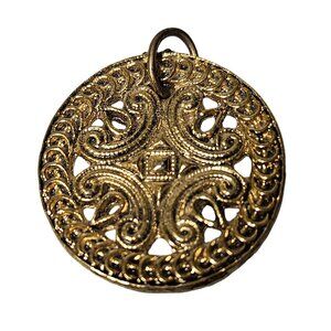 Vintage Gold Tone Filigree Medallion Pendant Statement Spiritual Fashion Jewelry